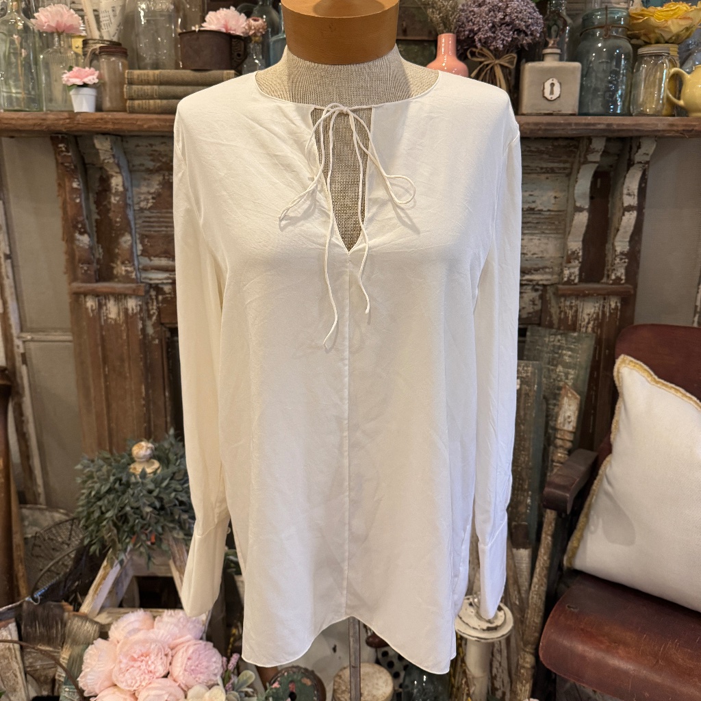 Theory 100% Silk Fluid Tunic Shirt | V Neck Tie Front | French Cuff | Holiday